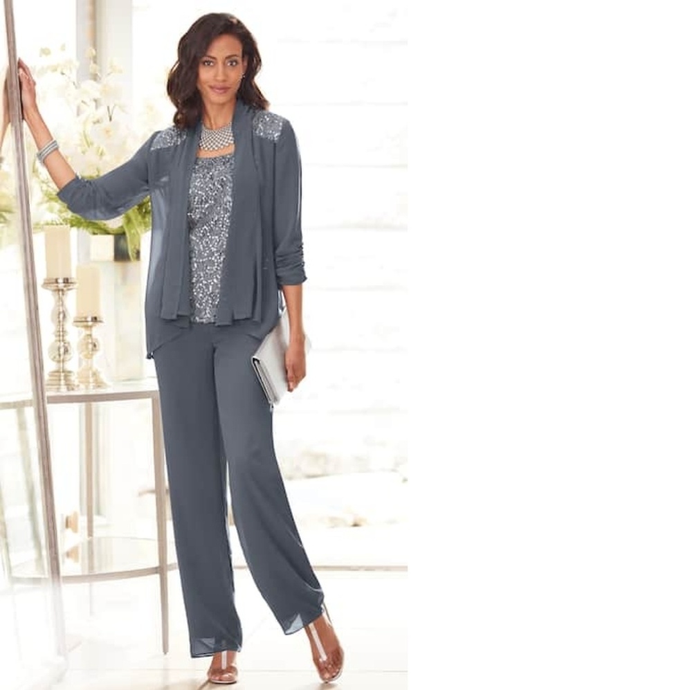 3 Piece Gray Chiffon Pants Set